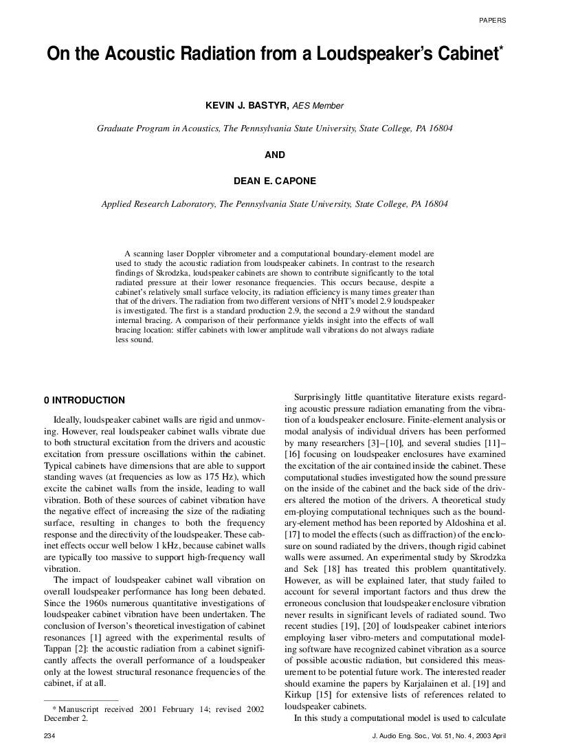 First page of “On the Acoustic Radiation from a Loudspeaker's Cabinet”