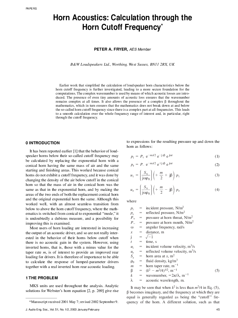 First page of “Horn Acoustics: Calculation through the Horn Cutoff Frequency”