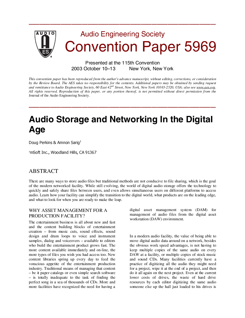 First page of “Audio Storage and Networking in the Digital Age”