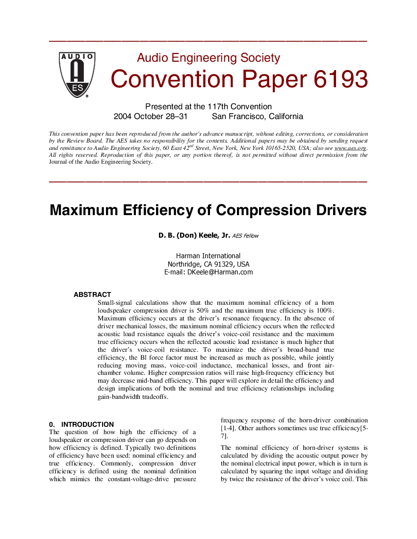 First page of “Maximum Efficiency of Compression Drivers”