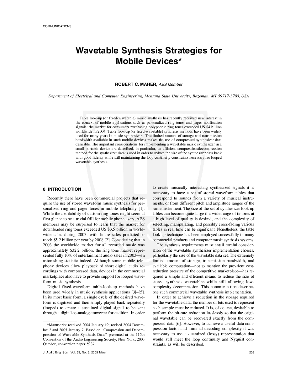 First page of “Wavetable Synthesis Strategies for Mobile Devices”