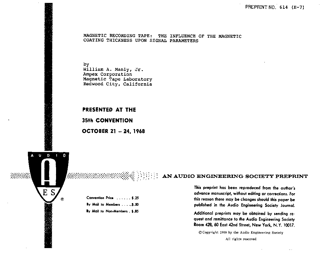 First page of “Magnetic Recording Tape: The Influence of the Magnetic Coating Thickness Upon Signal Parameters”