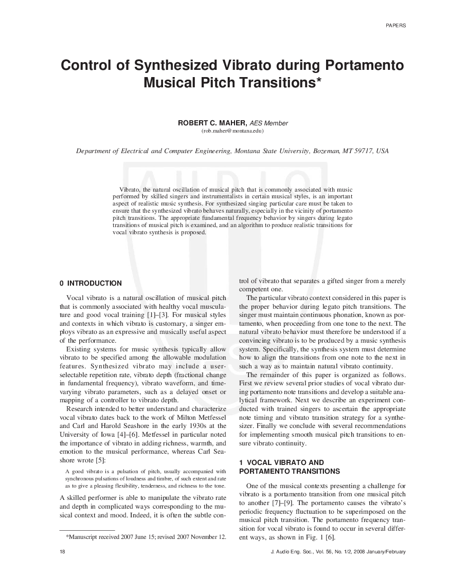 First page of “Control of Synthesized Vibrato during Portamento Musical Pitch Transitions”