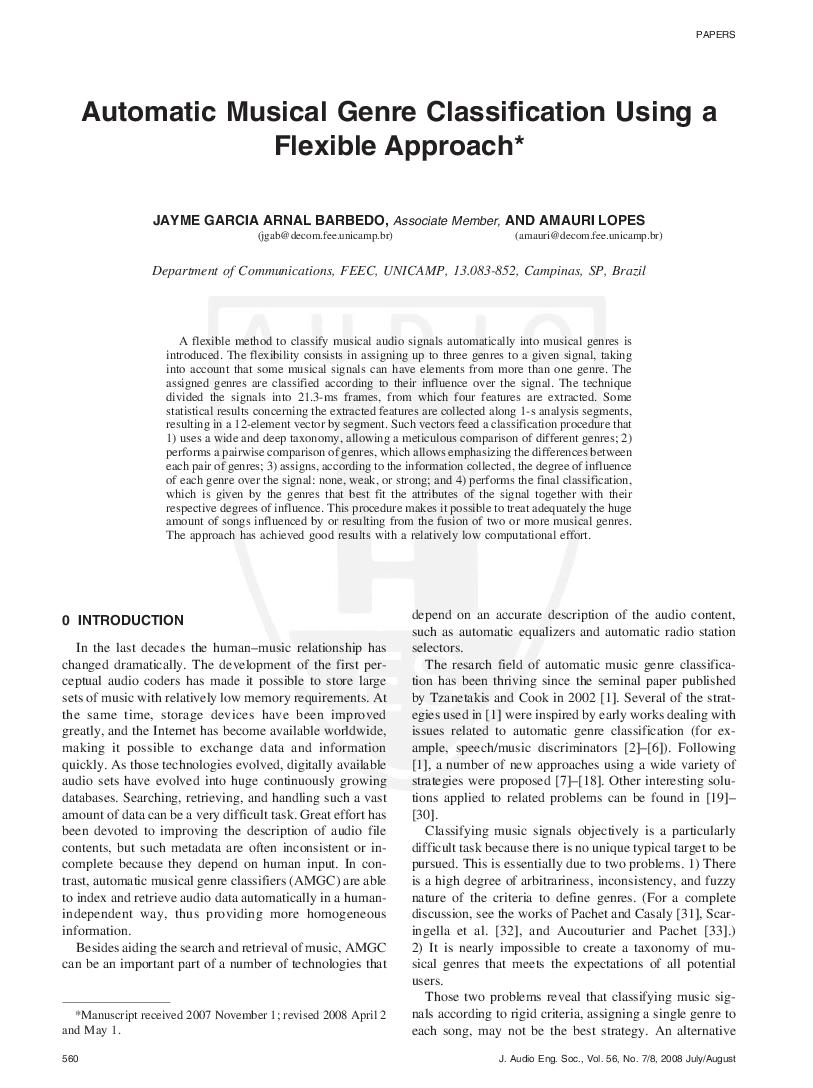 First page of “Automatic Musical Genre Classification Using a Flexible Approach”