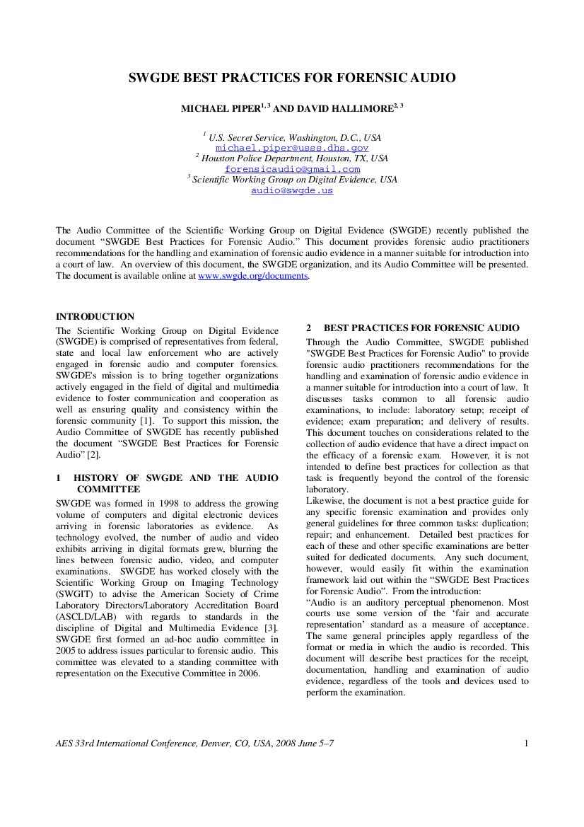 First page of “SWGDE Best Practices for Forensic Audio”