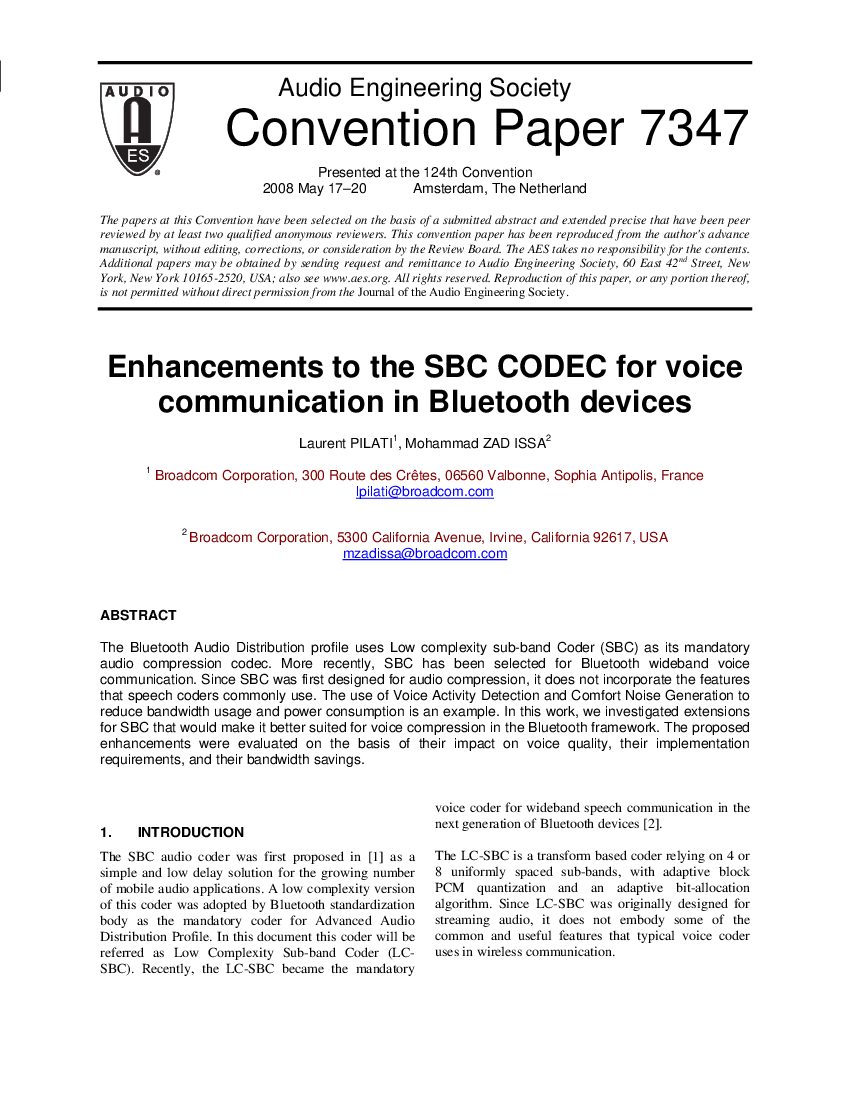 First page of “Enhancements to the SBC CODEC for Voice Communication in Mobile Devices”