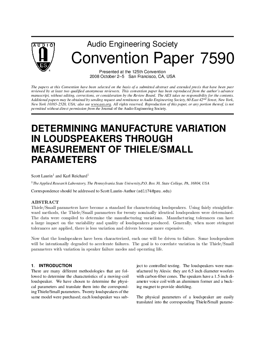 First page of “Determining Manufacture Variation in Loudspeakers Through Measurement of Thiele/Small Parameters”