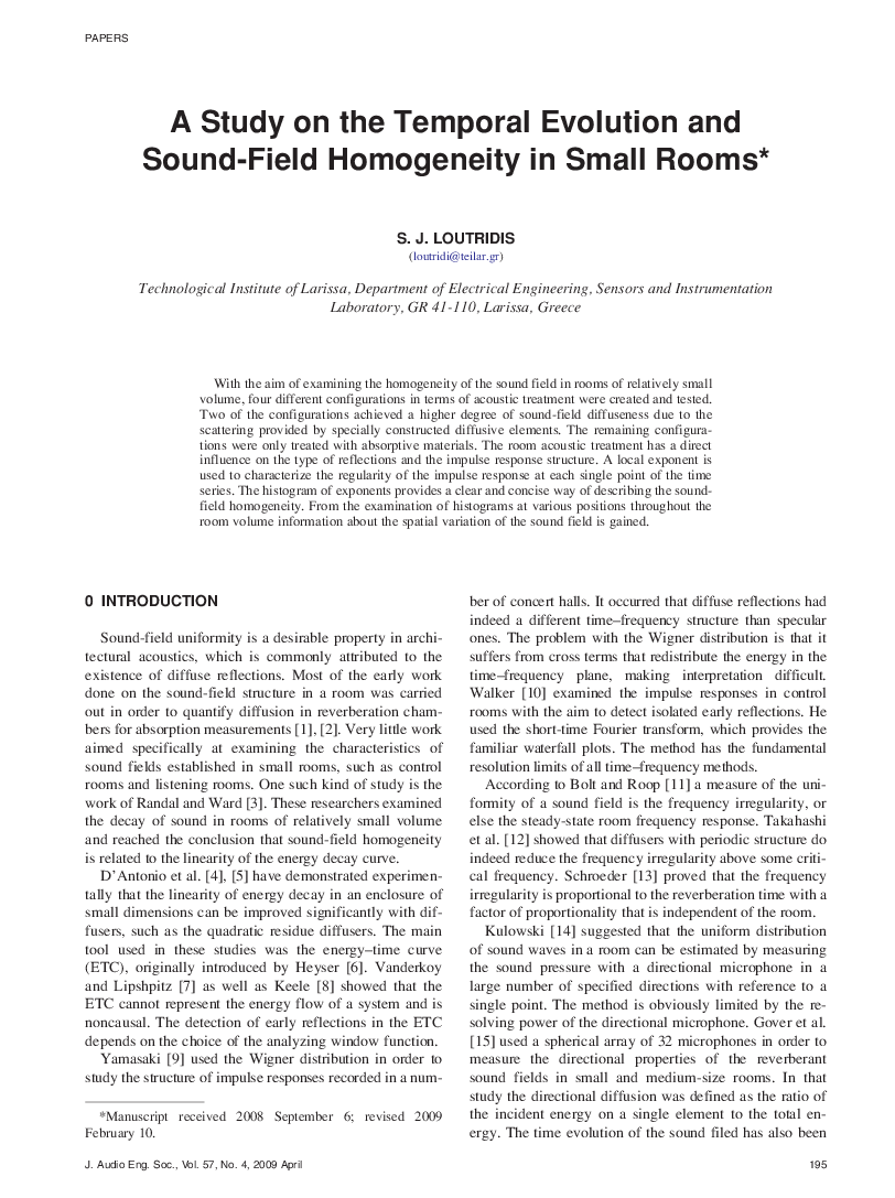 First page of “A Study on the Temporal Evolution and Sound-Field Homogeneity in Small Rooms”
