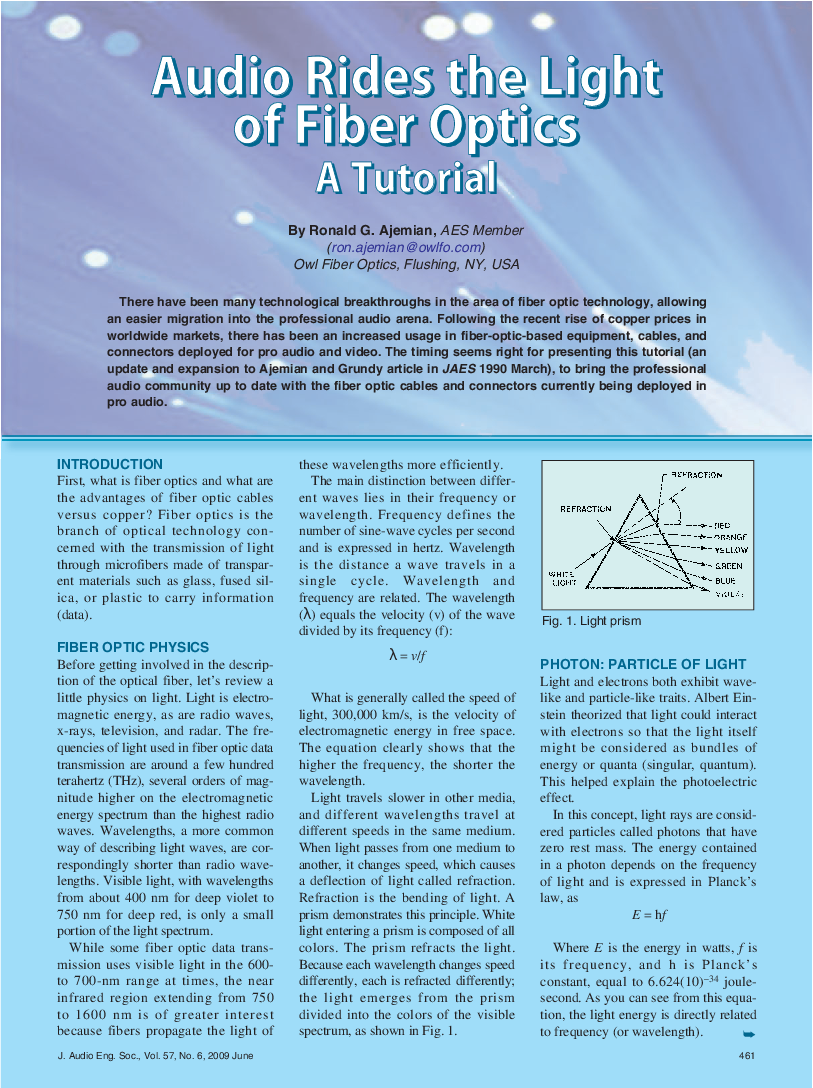 First page of “Audio Rides the Light of Fiber Optics: A Tutorial”