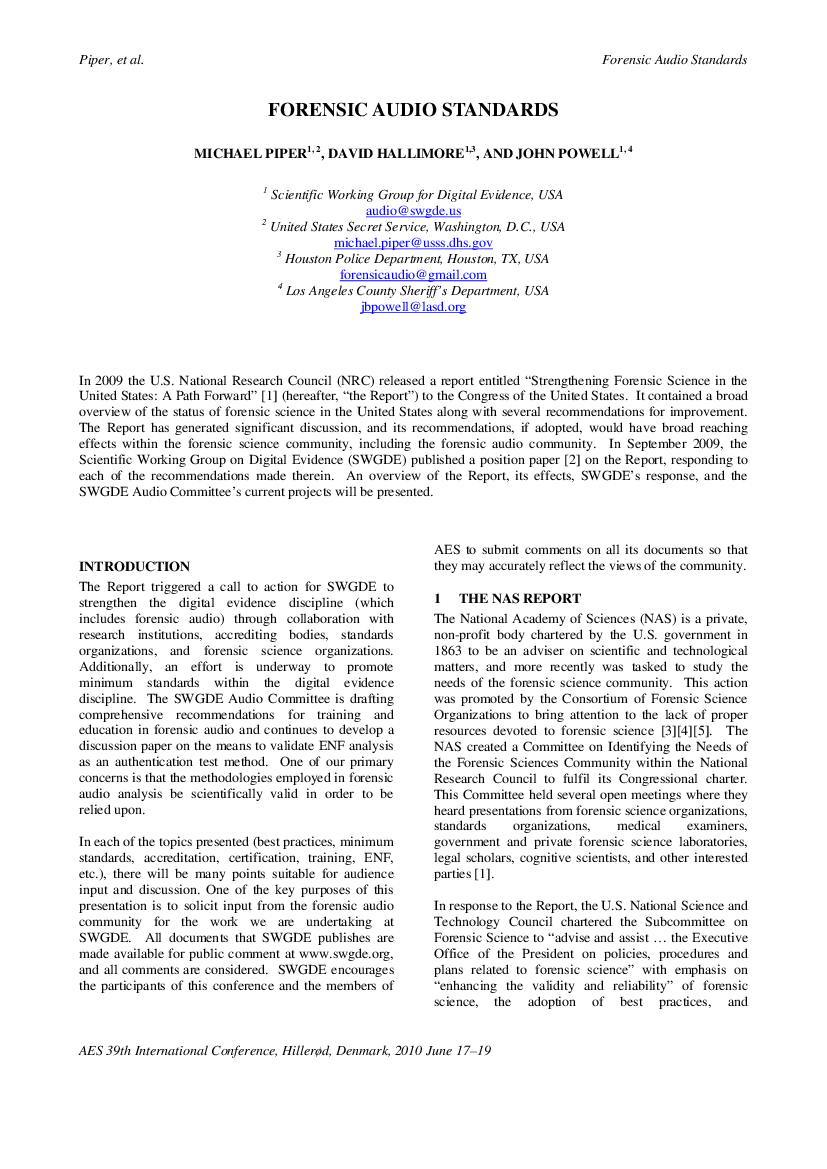 First page of “Forensic Audio Standards”