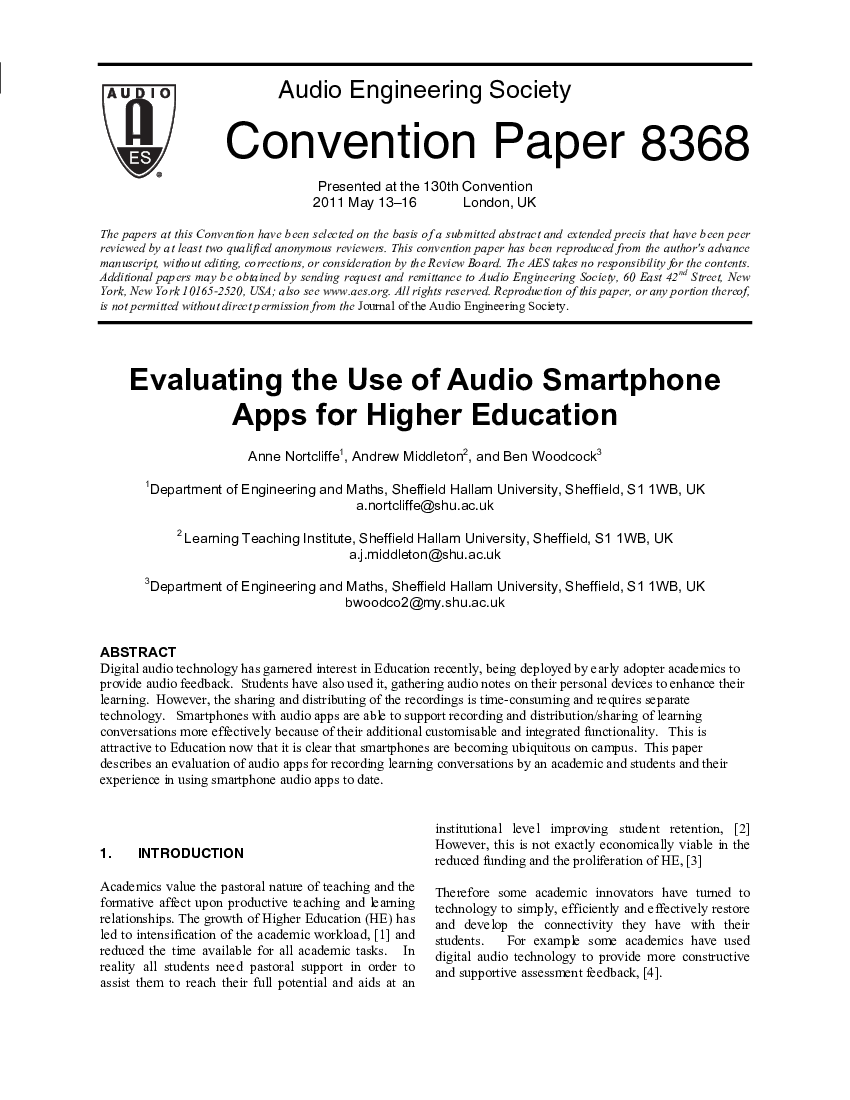 First page of “Evaluating the Use of Audio Smartphone Apps for Higher Education”