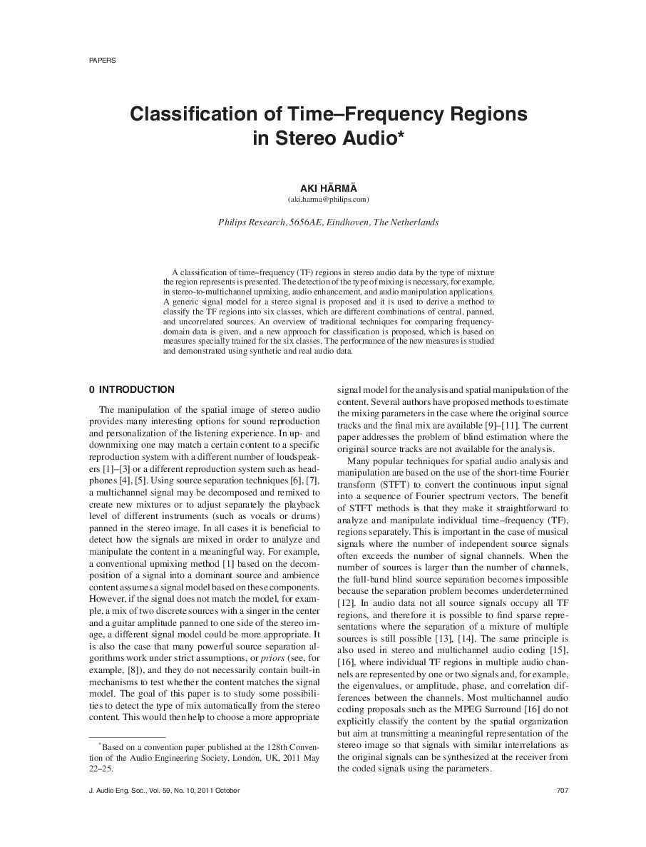First page of “Classification of Time–Frequency Regions in Stereo Audio”