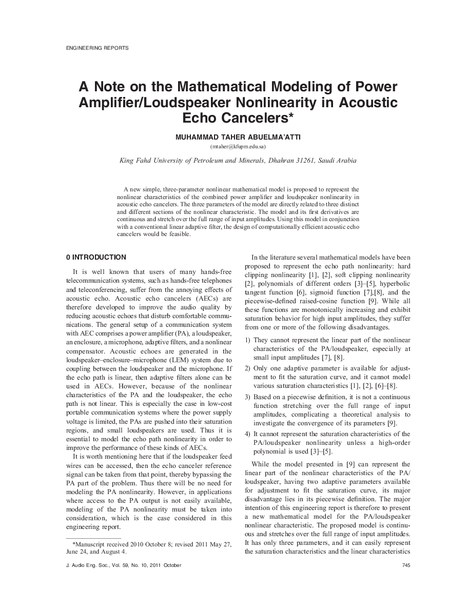 First page of “A Note on Mathematical Modeling of Power Amplifier/Loudspeaker Nonlinearity in Acoustic Echo Cancelers”