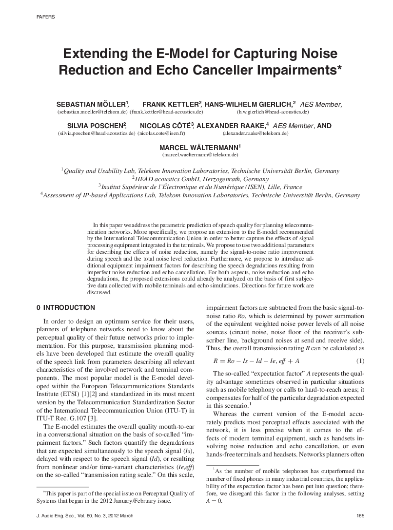 First page of “Extending the E-Model for Capturing Noise Reduction and Echo Canceller Impairments”