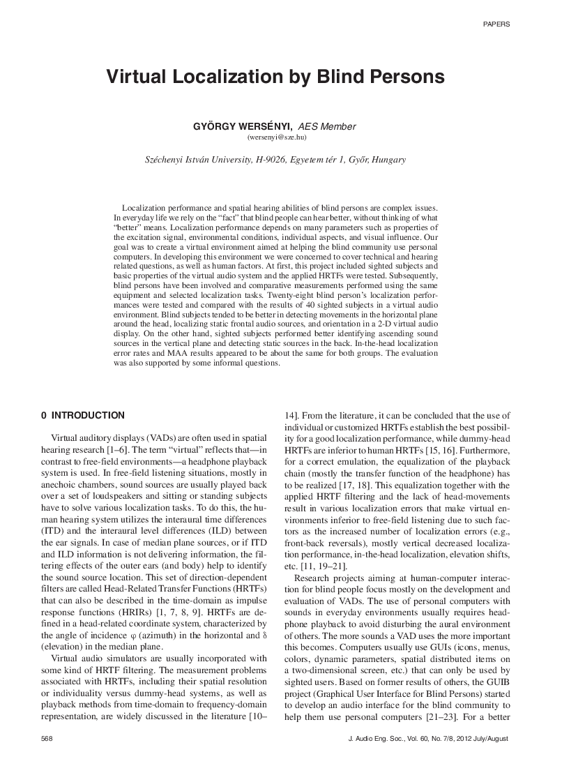 First page of “Virtual Localization by Blind Persons”