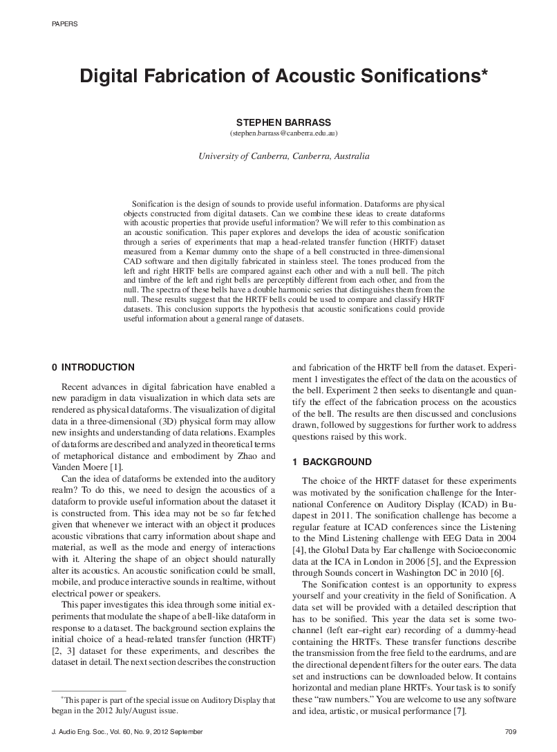 First page of “Digital Fabrication of Acoustic Sonifications”