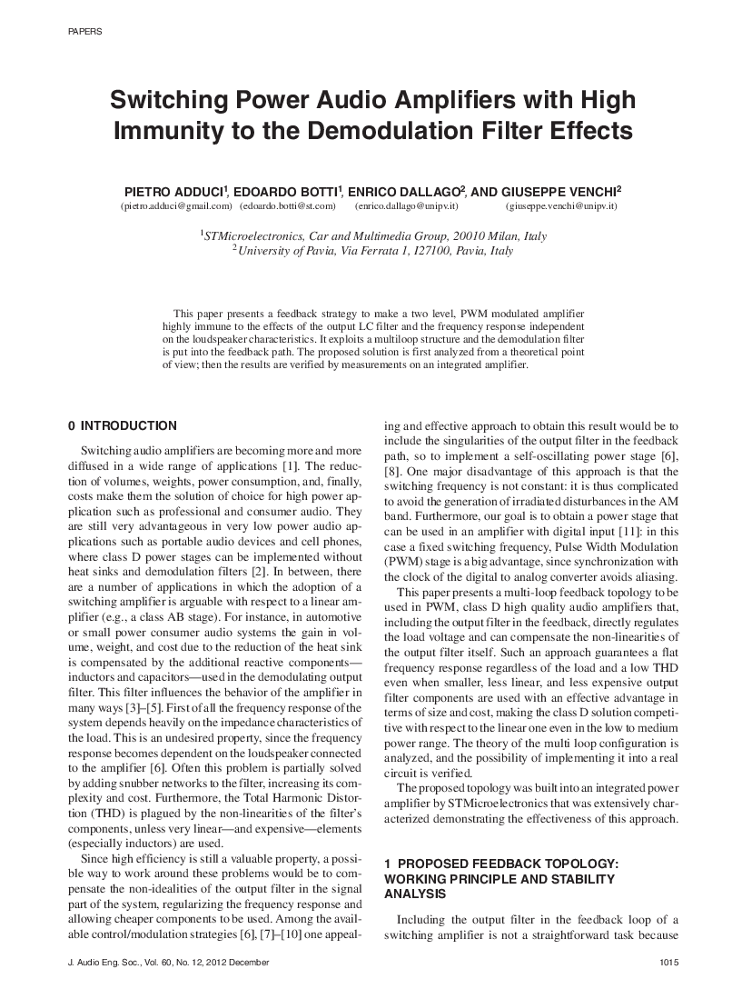 First page of “Switching Power Audio Amplifiers with High Immunity to the Demodulation Filter Effects”