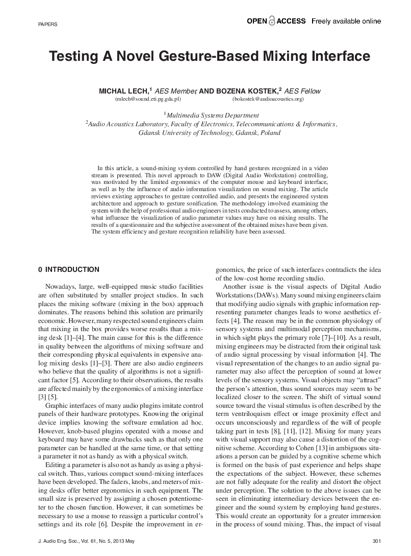First page of “Testing A Novel Gesture-Based Mixing Interface”