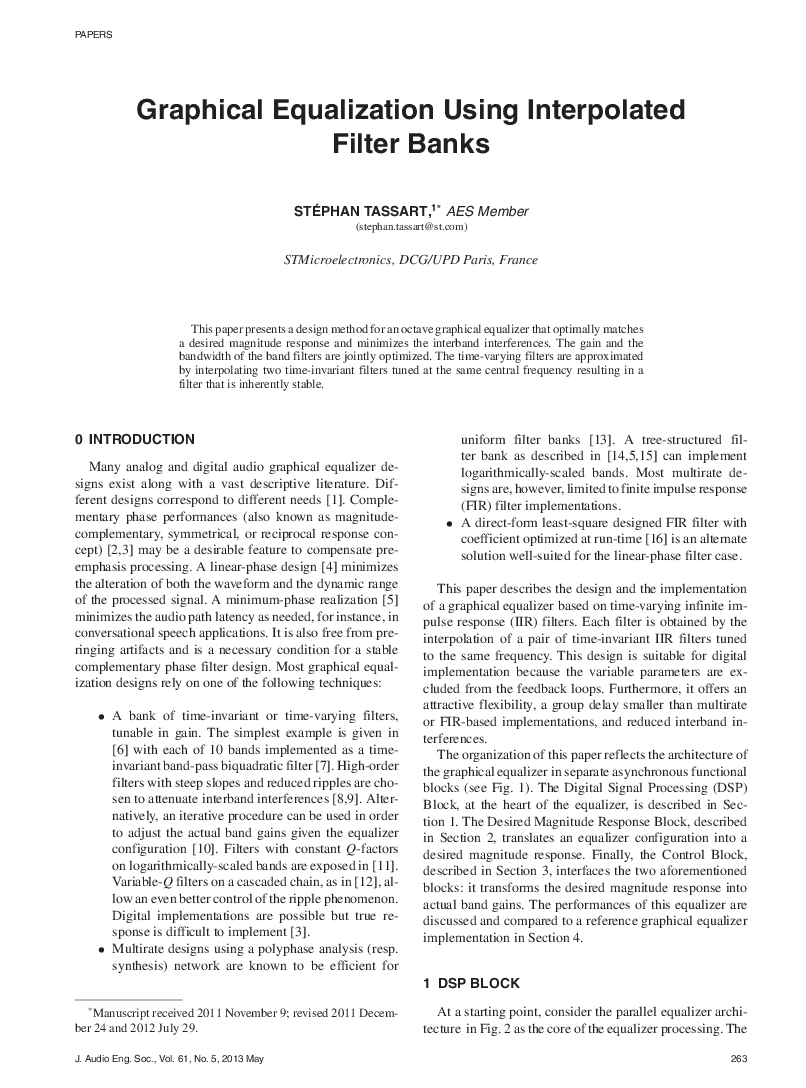First page of “Graphical Equalization Using Interpolated Filter Banks”