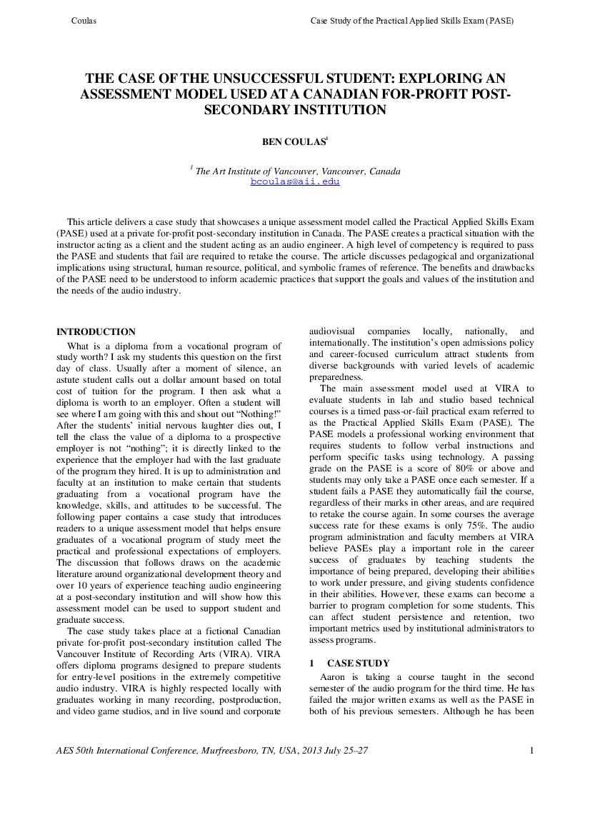 First page of “The Case of the Unsuccessful Student: Exploring an Assessment Model Used at a Canadian For-Profit Post-Secondary Institution”