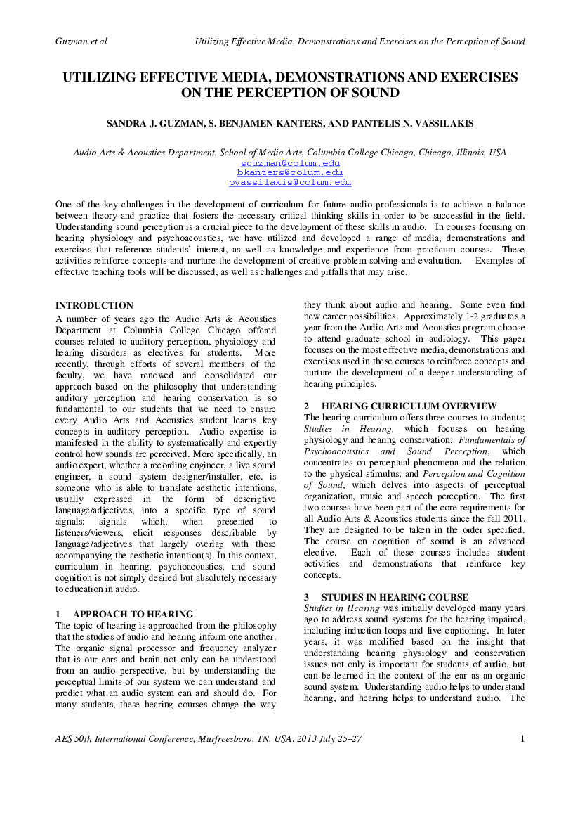 First page of “Utilizing Effective Media, Demonstrations, and Exercises on the Perception of Sound”