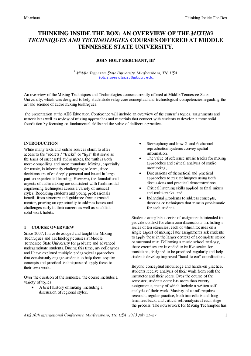 First page of “Thinking in the Box: An Overview of the Audio Mixing Courses Offered at Middle Tennessee State University”