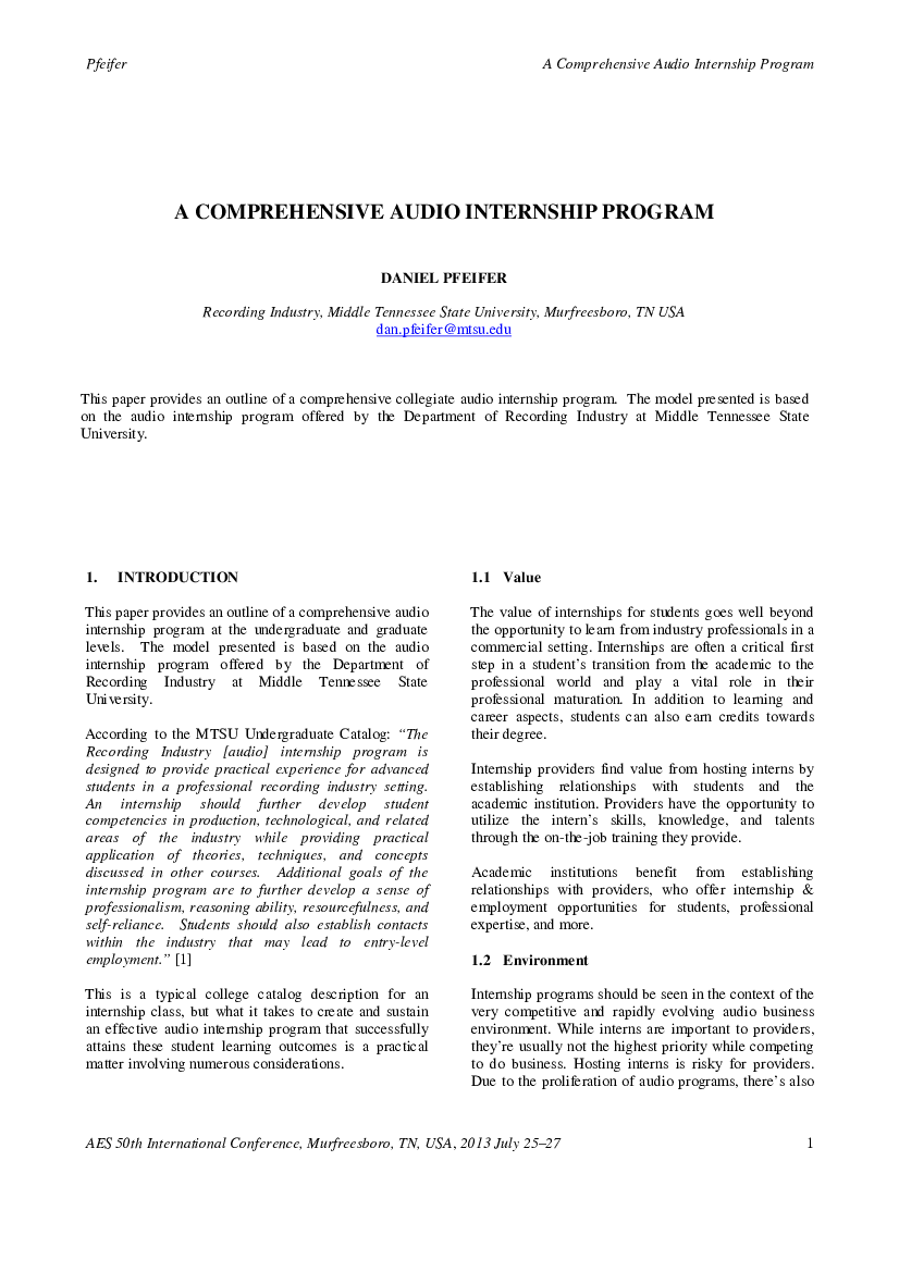 First page of “A Collegiate Audio Internship Program: A Comprehensive Model”