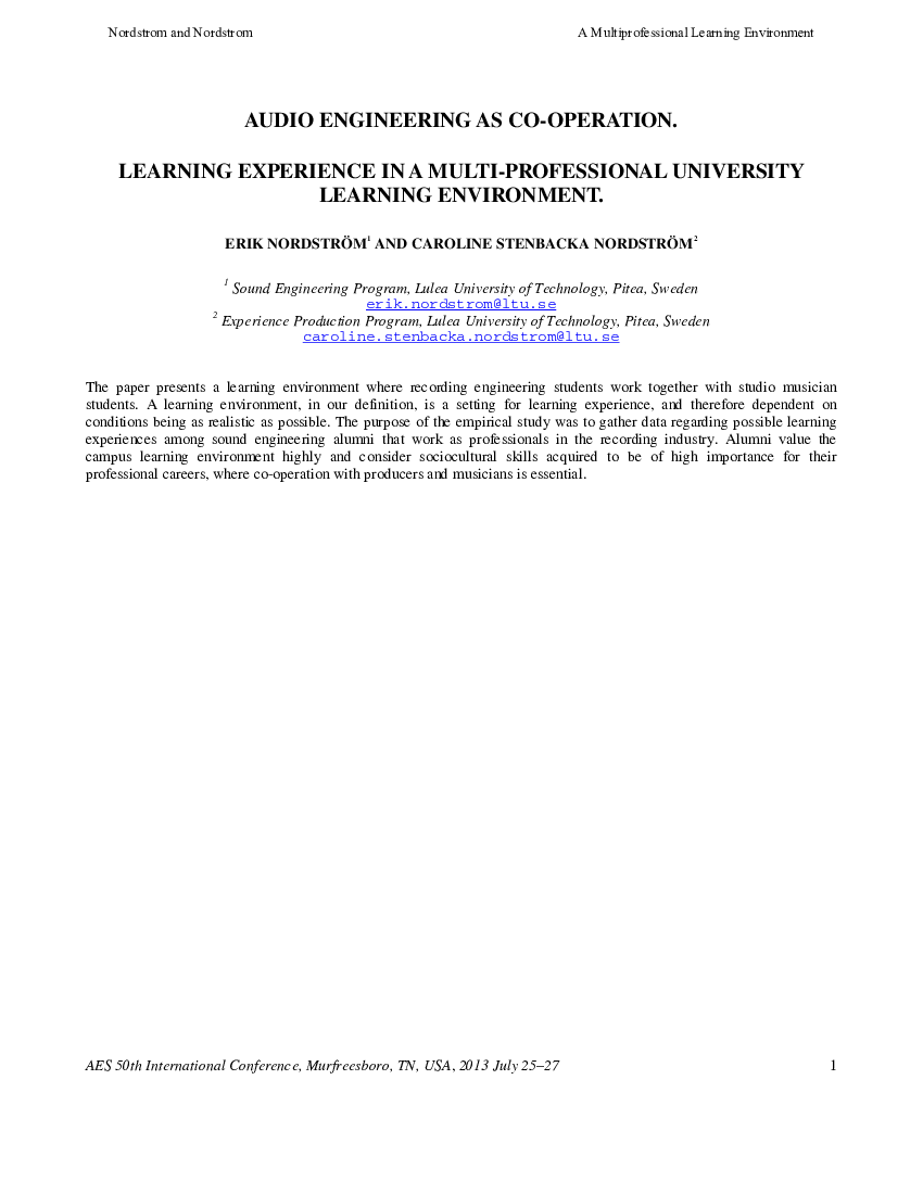 First page of “Learning Experience in a Multi-Professional University Learning Environment”