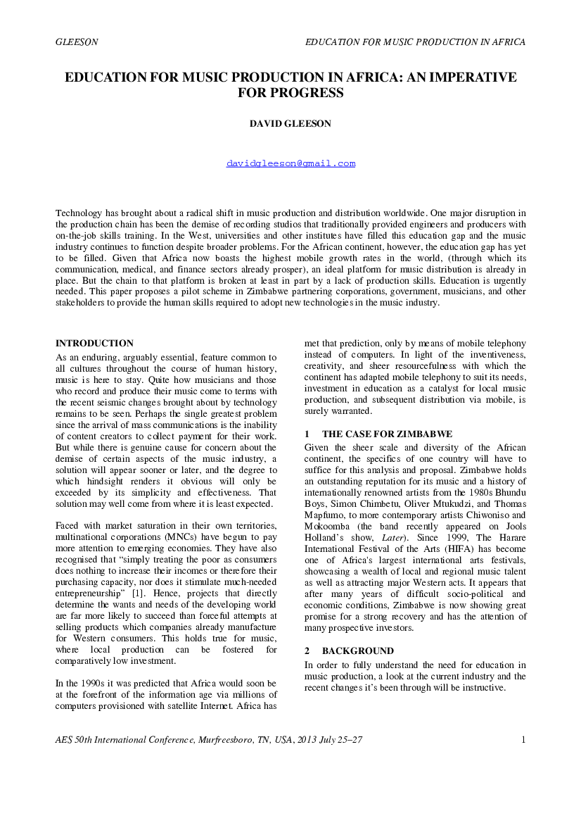 First page of “Education for Music Production in Africa: An Imperative for Progress”