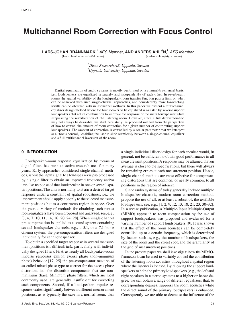 First page of “Multichannel Room Correction with Focus Control”