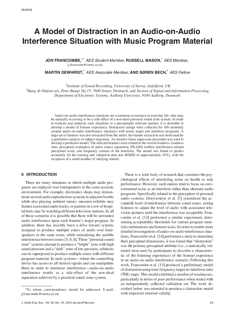 First page of “A Model of Distraction in an Audio-on-Audio Interference Situation with Music Program Material”