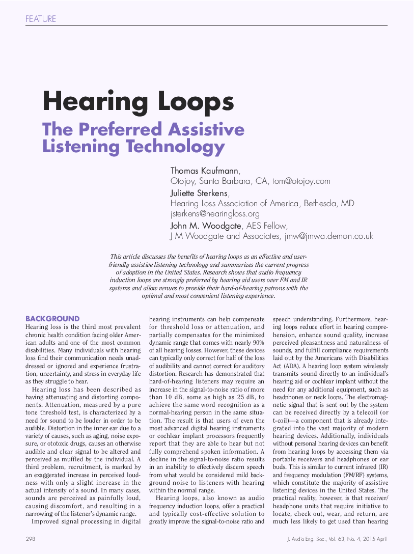 First page of “Hearing Loops, The Preferred Assistive Listening Technology”