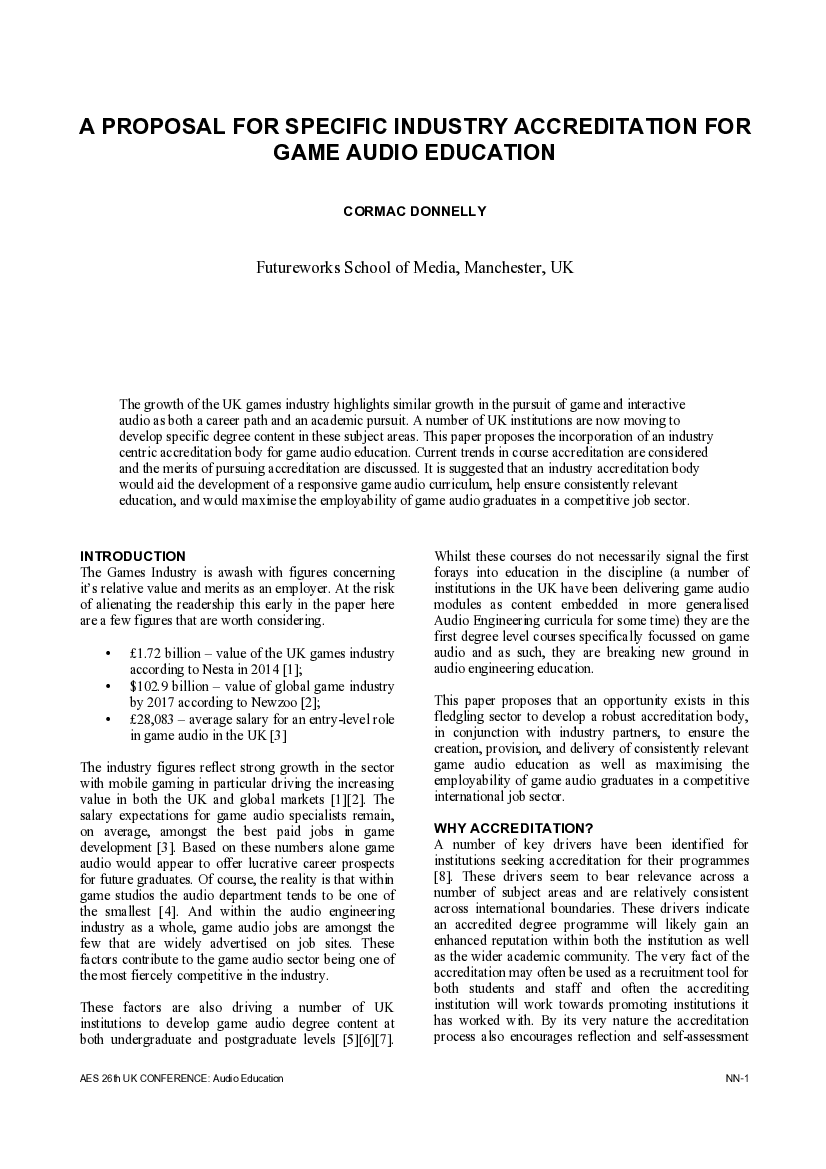 First page of “A proposal for specific industry accreditation for Game Audio Education”