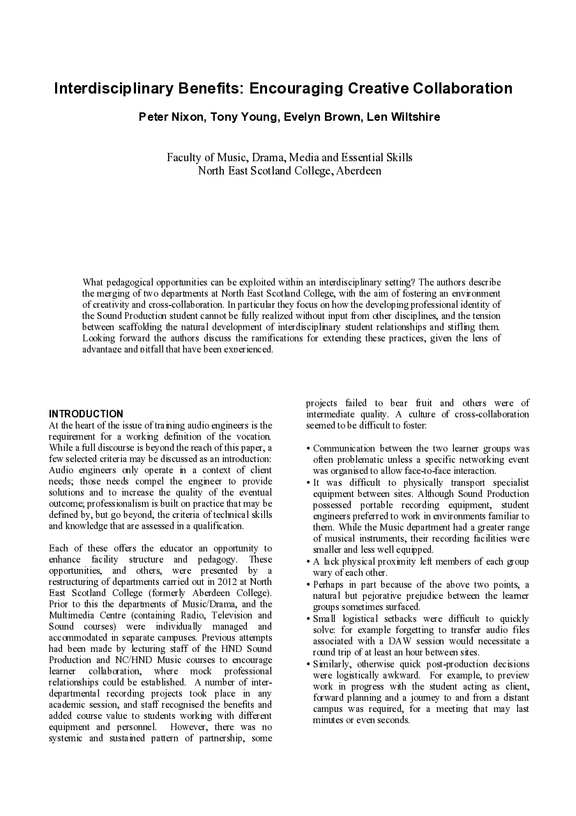 First page of “Interdisciplinary Benefits: Encouraging Creative Collaboration”