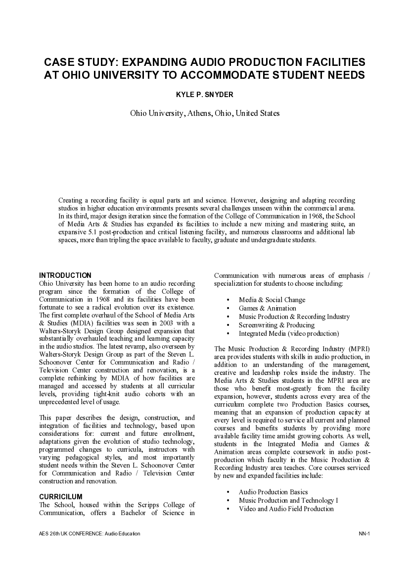 First page of “Case Study: Expanding Audio Production Facilities At Ohio University To Accommodate Student Needs”