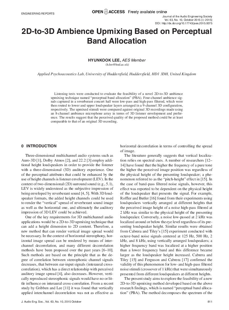 First page of “2D-to-3D Ambience Upmixing based on Perceptual Band Allocation”