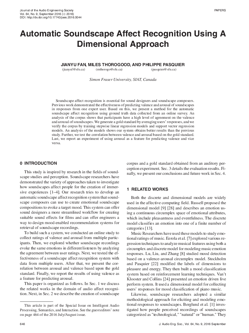 First page of “Automatic Soundscape Affect Recognition Using A Dimensional Approach”