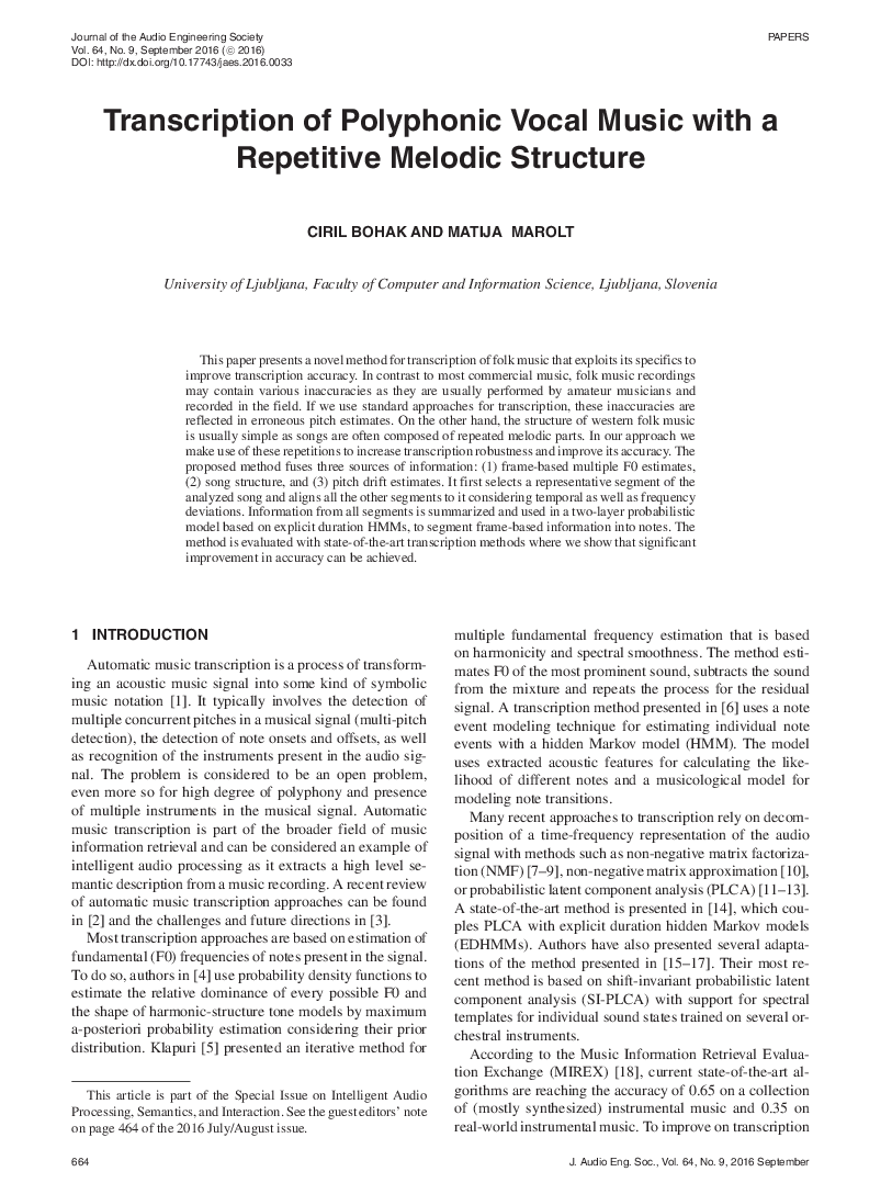 First page of “Transcription of Polyphonic Vocal Music with a Repetitive Melodic Structure”