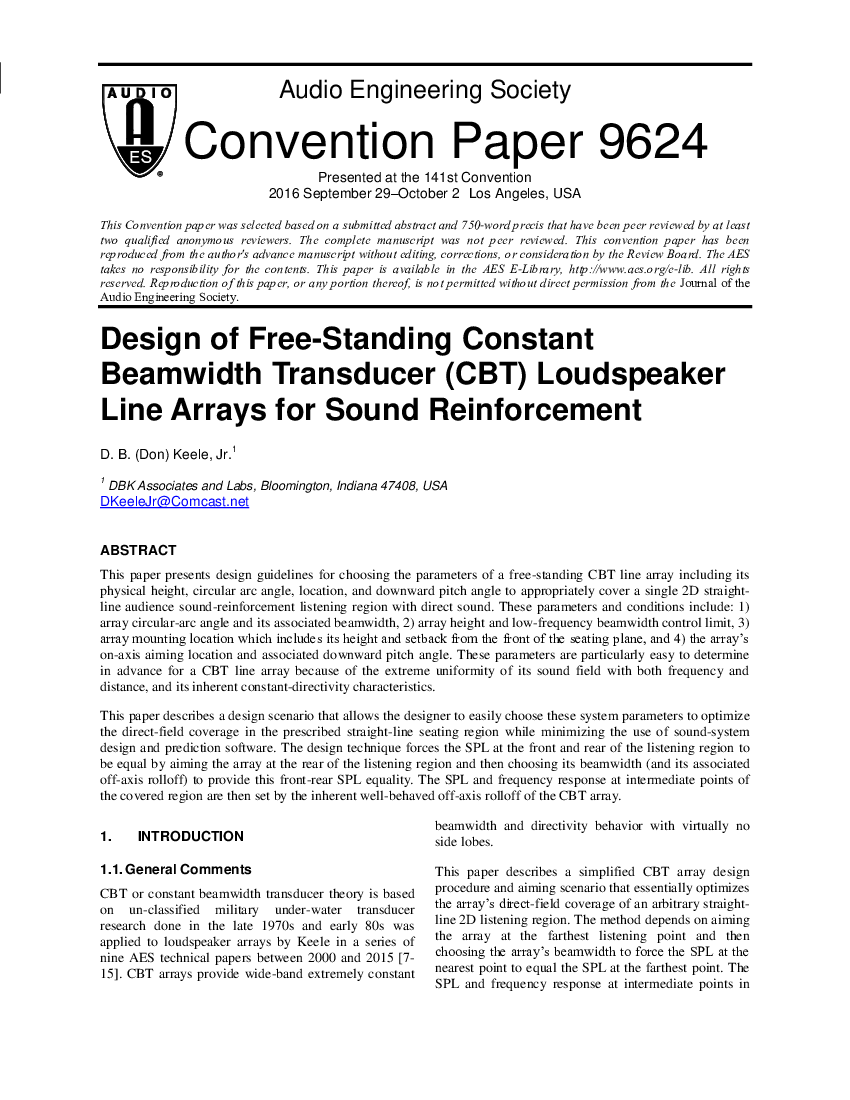 First page of “Design of Free-Standing Constant Beamwidth Transducer (CBT) Loudspeaker Line Arrays for Sound Reinforcement”
