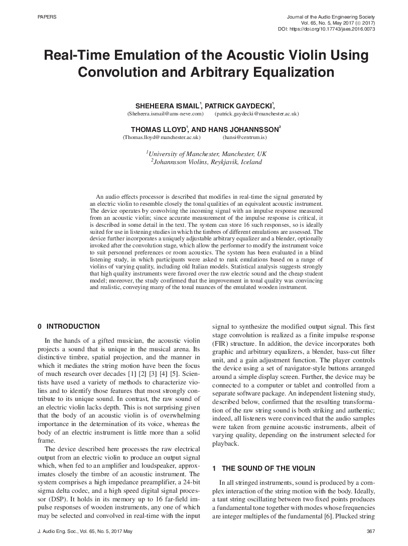 First page of “Real-Time Emulation of the Acoustic Violin using Convolution and Arbitrary Equalization”