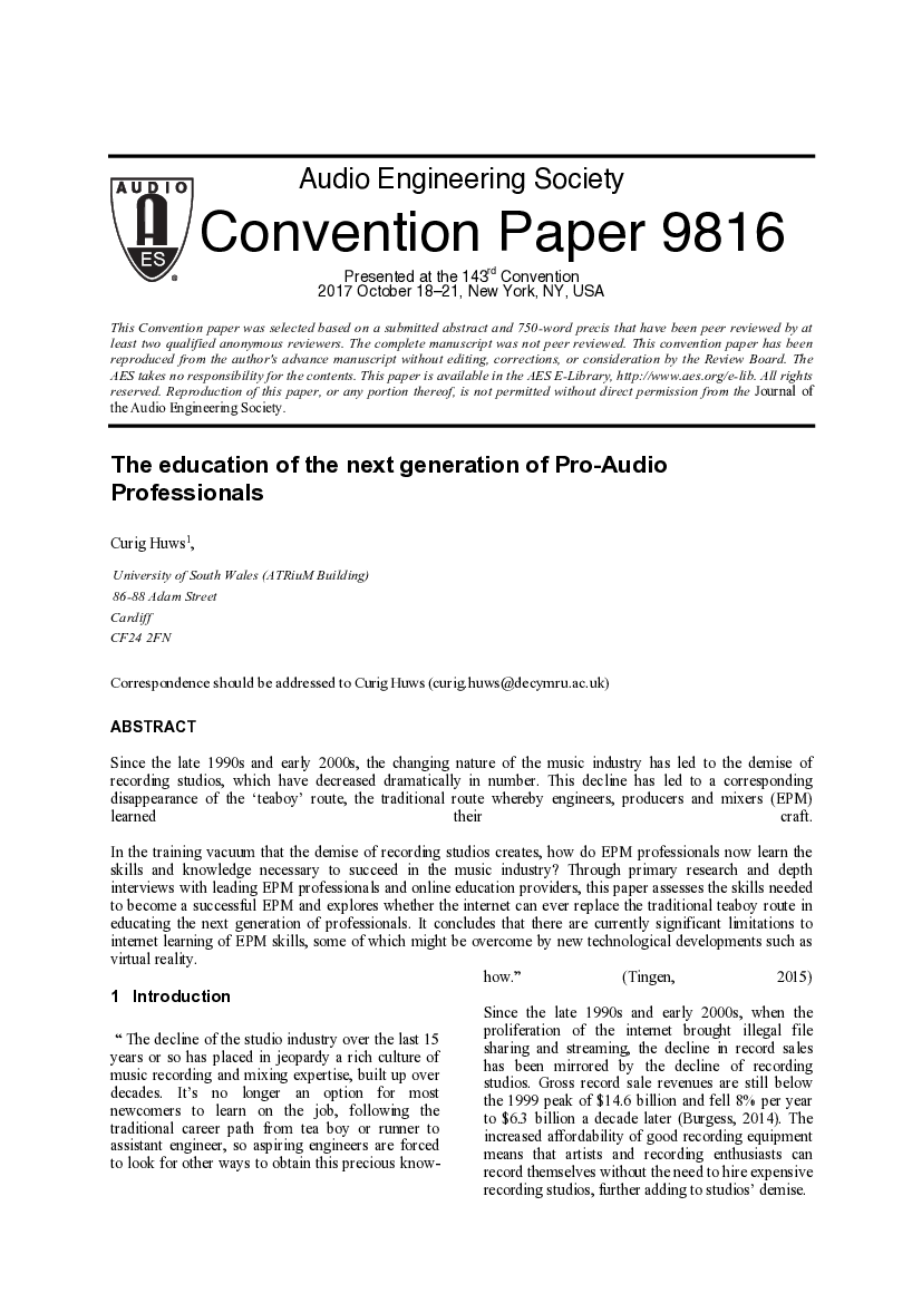 First page of “The Education of the Next Generation of Pro-Audio Professionals”
