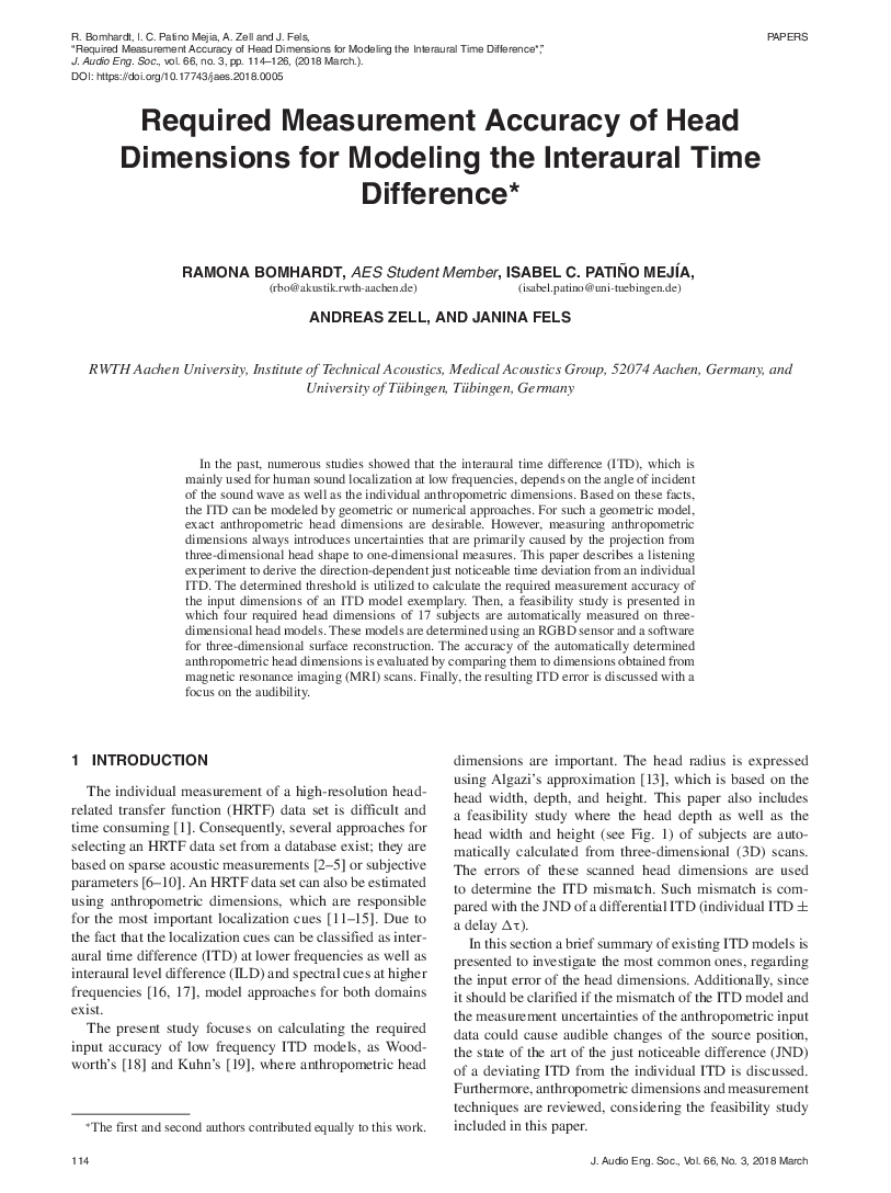 First page of “Required Measurement Accuracy of Head Dimensions for Modeling the Interaural Time Difference”