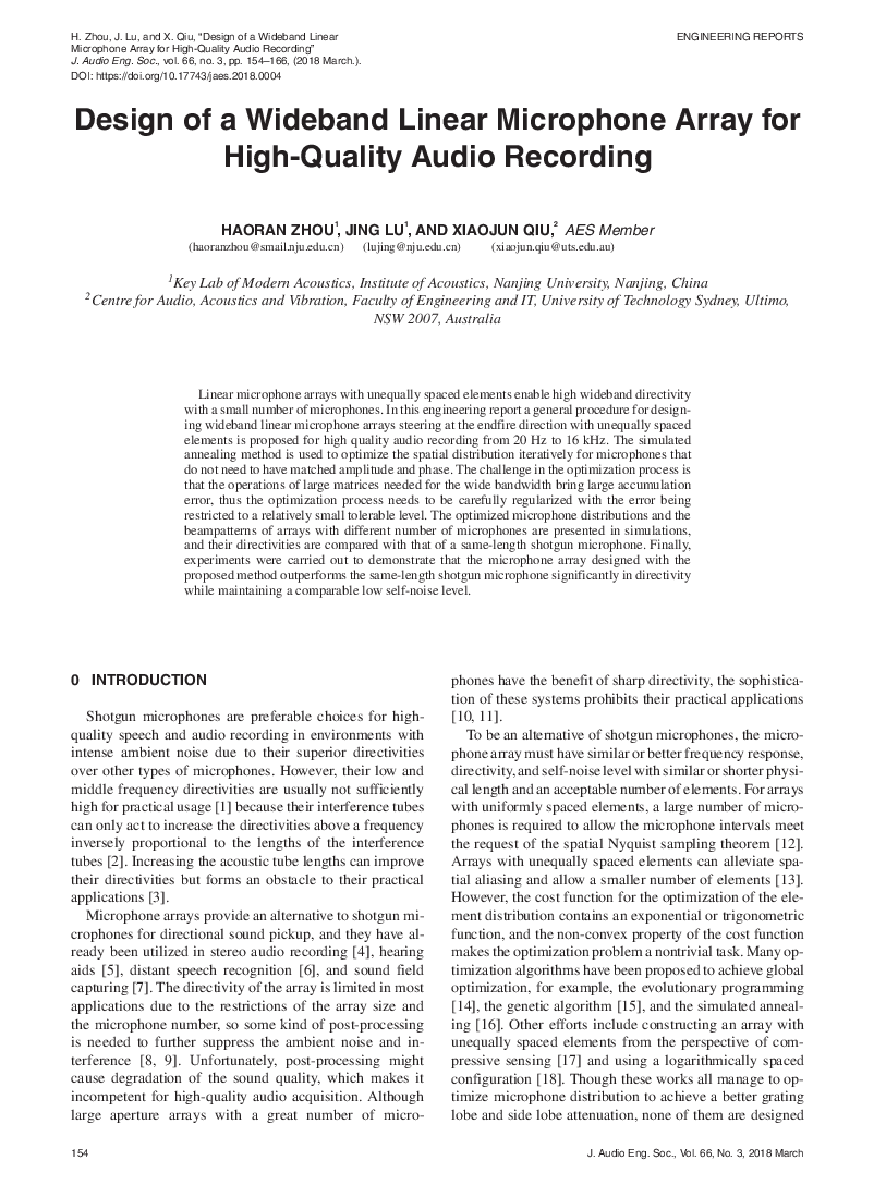 First page of “Design of a Wideband Linear Microphone Array for High-Quality Audio Recording”