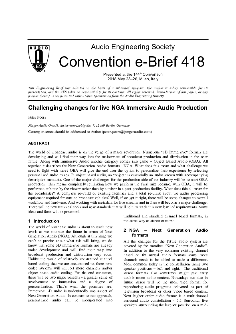 First page of “Challenging Changes for Live NGA Immersive Audio Production”