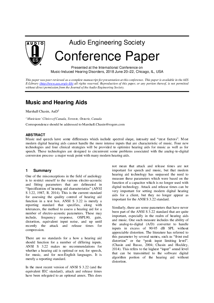 First page of “Music and Hearing Aids”