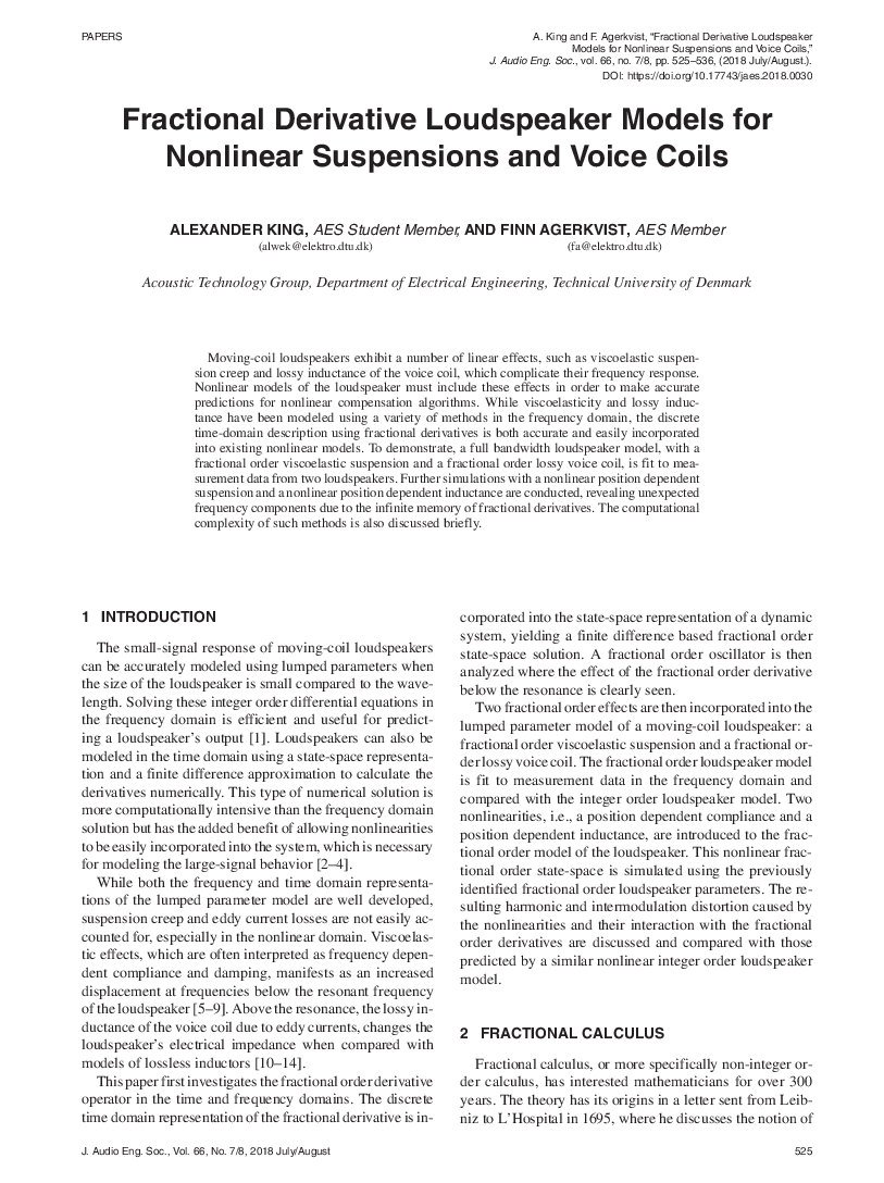 First page of “Fractional Derivative Loudspeaker Models for Nonlinear Suspensions and Voice Coils”