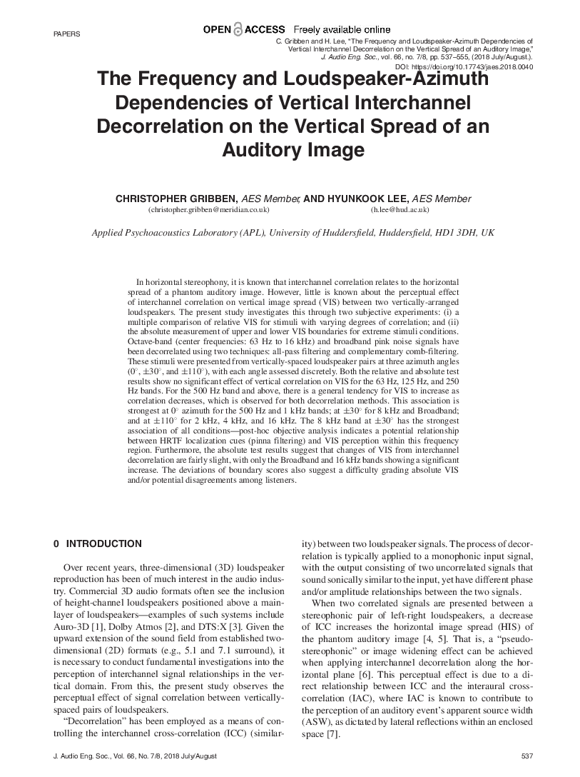 First page of “The Frequency and Loudspeaker-Azimuth Dependencies of Vertical Interchannel Decorrelation on the Vertical Spread of an Auditory Image”