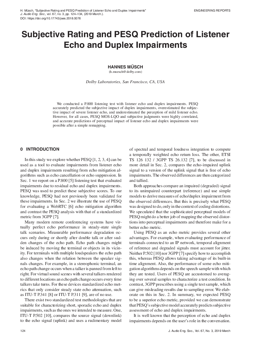 First page of “Subjective Rating and PESQ Prediction of Listener Echo and Duplex Impairments”