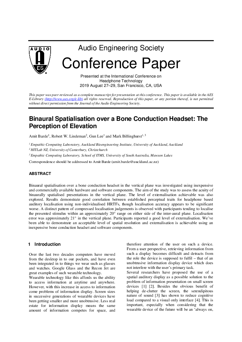 First page of “Binaural Spatialization over a Bone Conduction Headset: The Perception of Elevation”