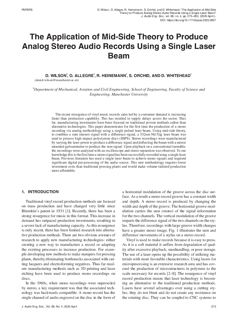 First page of “The Application of Mid-Side Theory to Produce Analog Stereo Audio Records Using a Single Laser Beam”